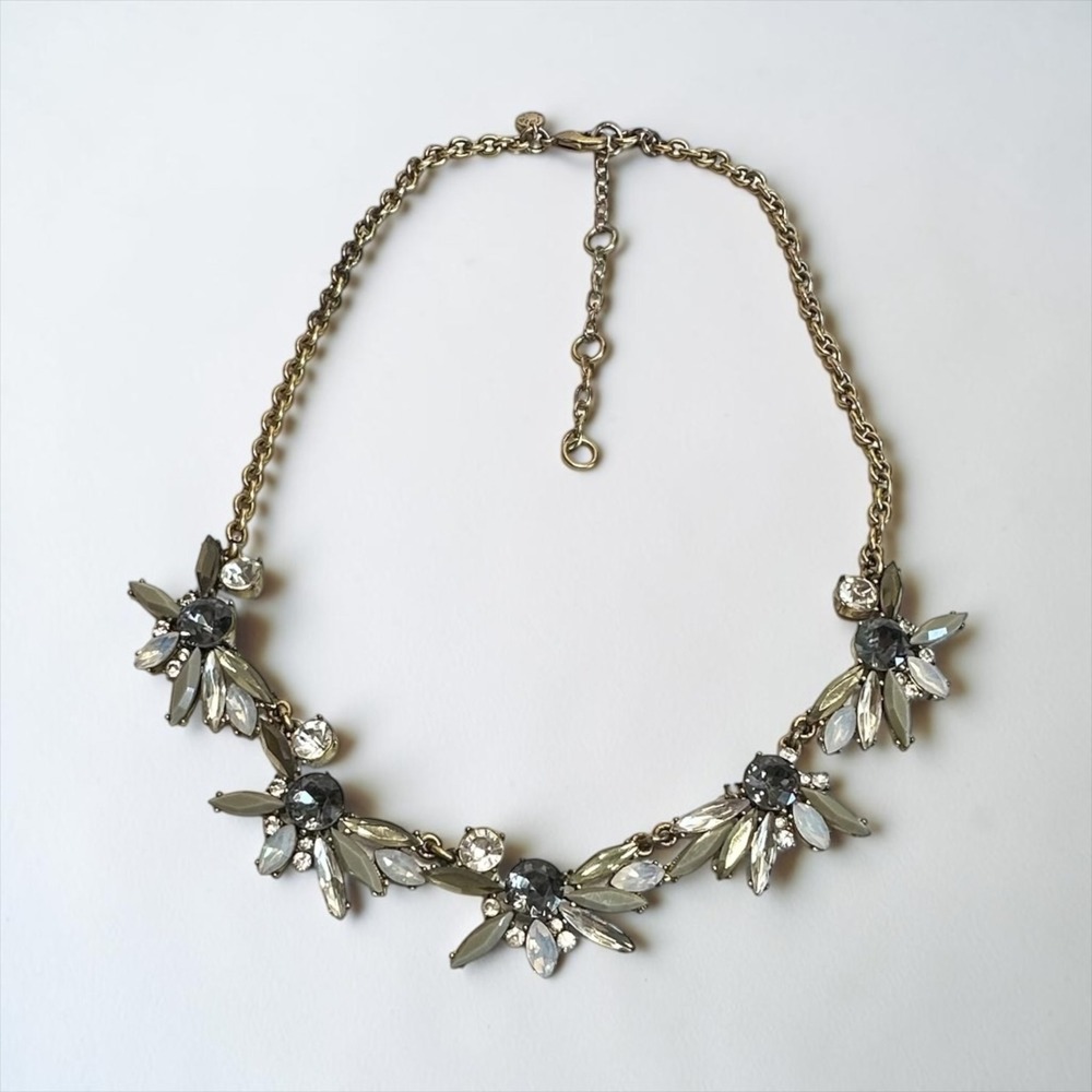 J.Crew 22" Statement Necklace Antique Gold Tone  Grey‎ Crystal Floral Cluster